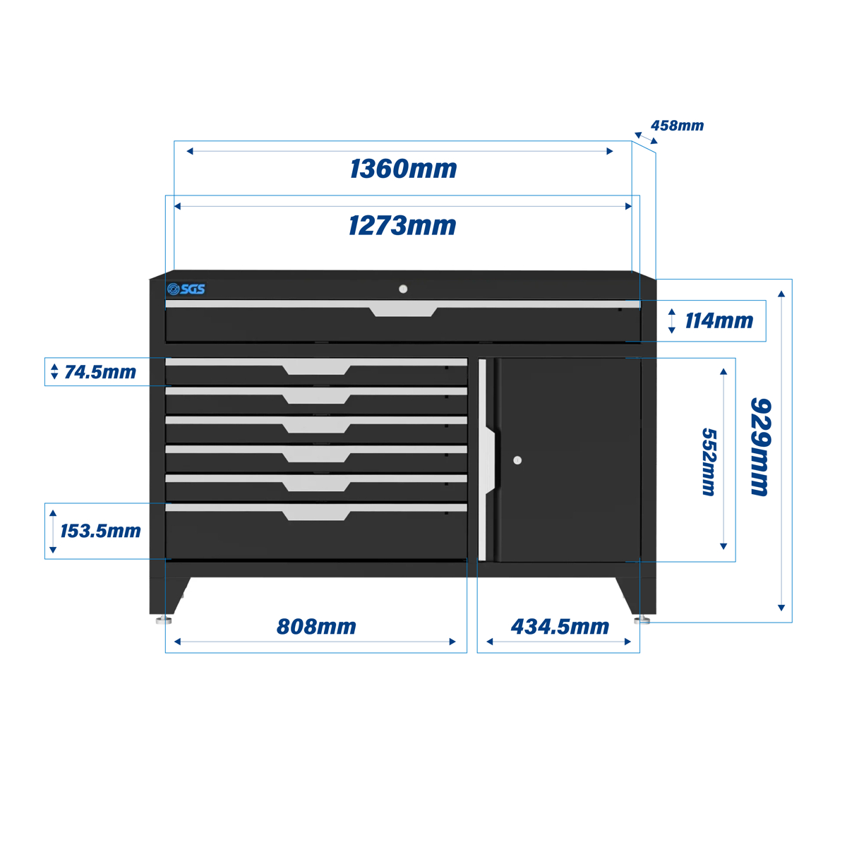 SGS 9pc Modular Garage Storage | 11 Drawers | Stainless Steel Triple Worktop | 3x Lift‑Up Wall Cabinets